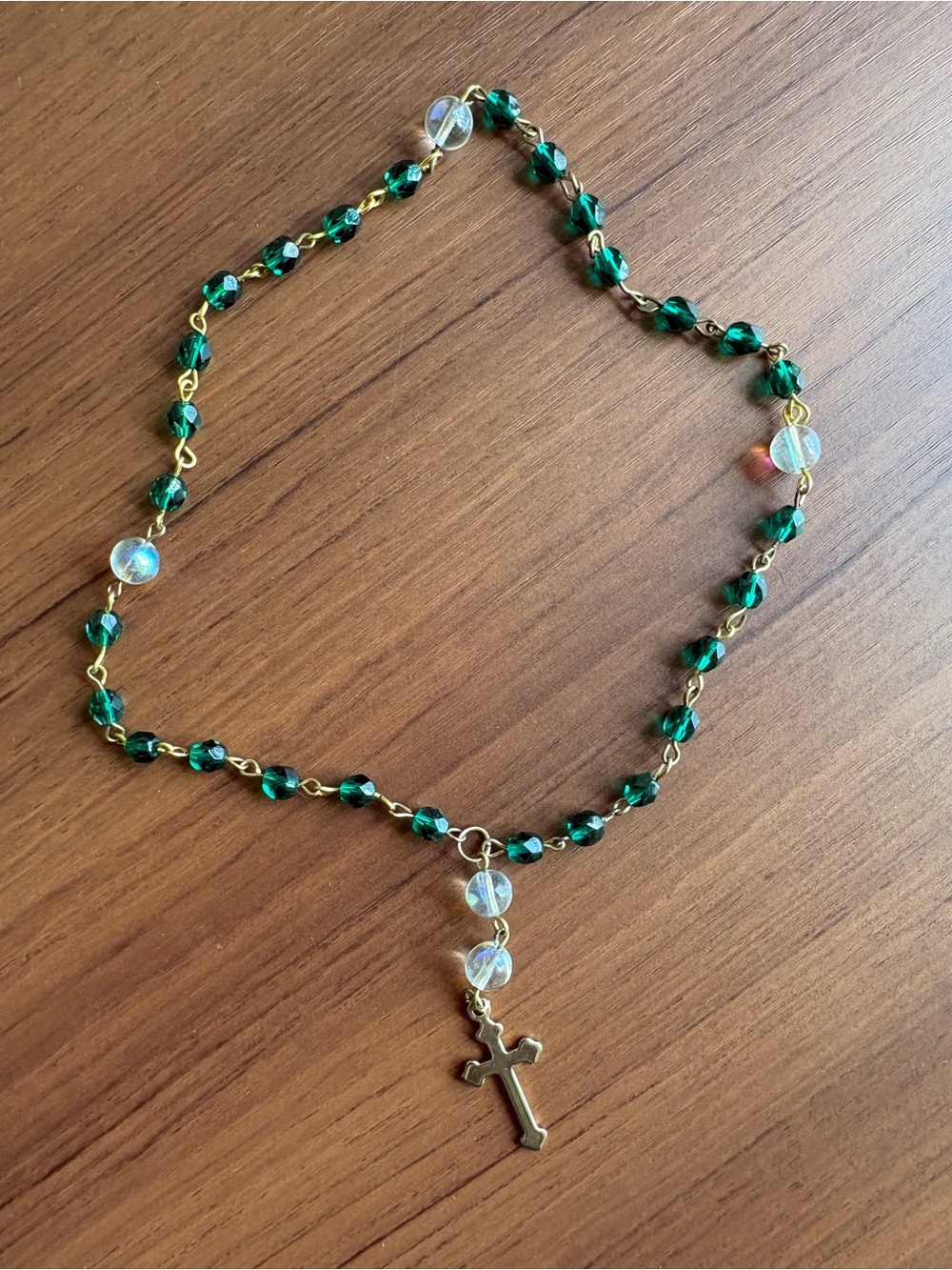 Gold Cross Rosary with Emerald Green Beads